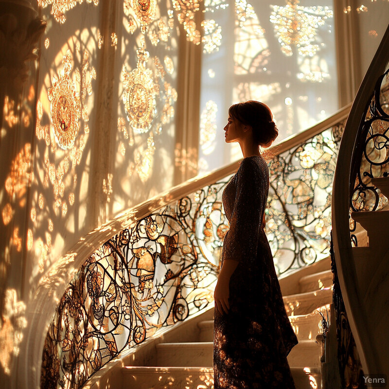 A woman stands on a grand staircase, exuding elegance and poise.