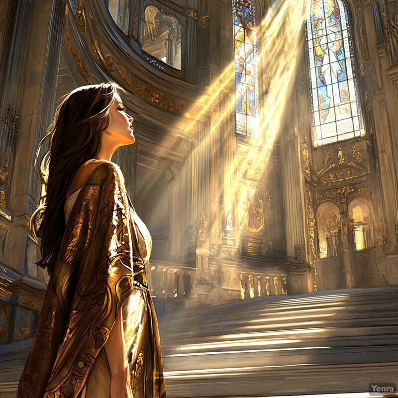 A woman stands in an ornate church or cathedral, gazing upwards towards the stained glass windows.