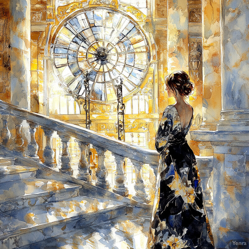 A serene depiction of a woman gazing out at a garden from a grand staircase