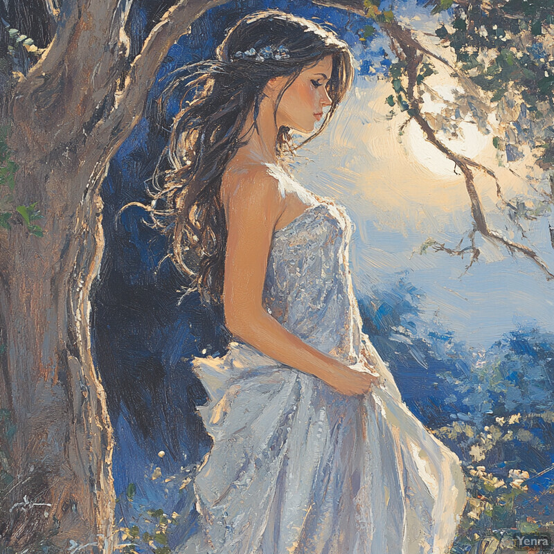 A serene painting of a woman in white standing under a tree