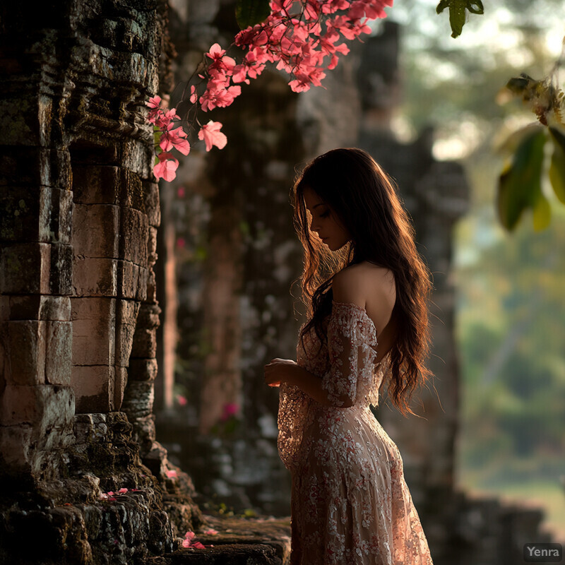 A woman stands in front of an ancient stone structure, surrounded by lush greenery and vibrant flowers.