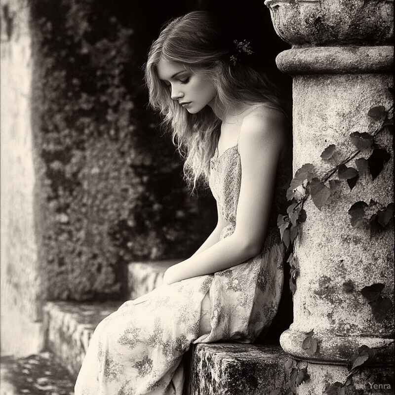 A serene and contemplative scene of a woman sitting on stone steps surrounded by lush greenery and flowers.