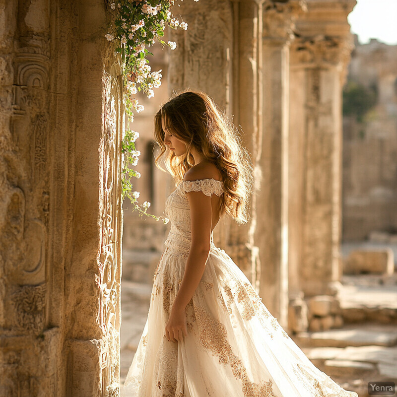 A woman in a white lace wedding dress stands in front of a stone wall adorned with flowers.