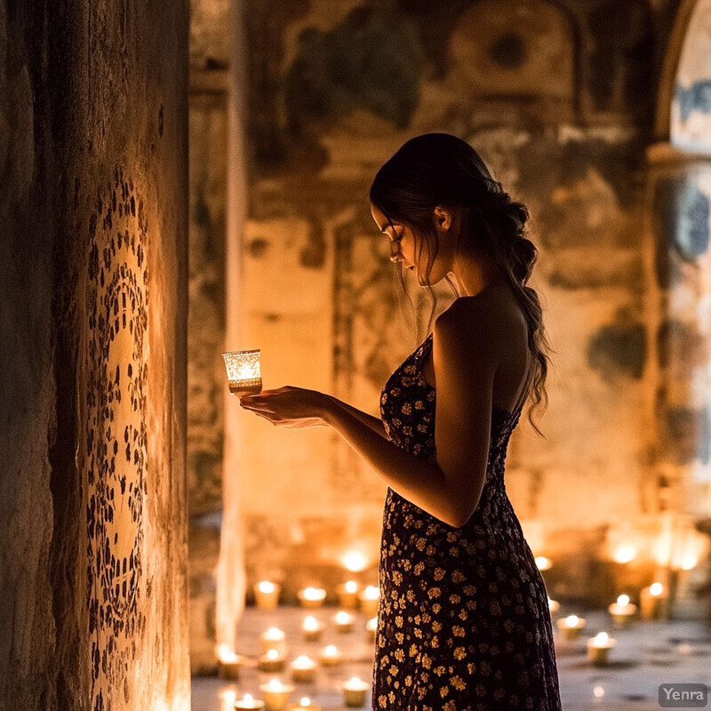 A woman stands in front of an ornate wall, holding a lit candle