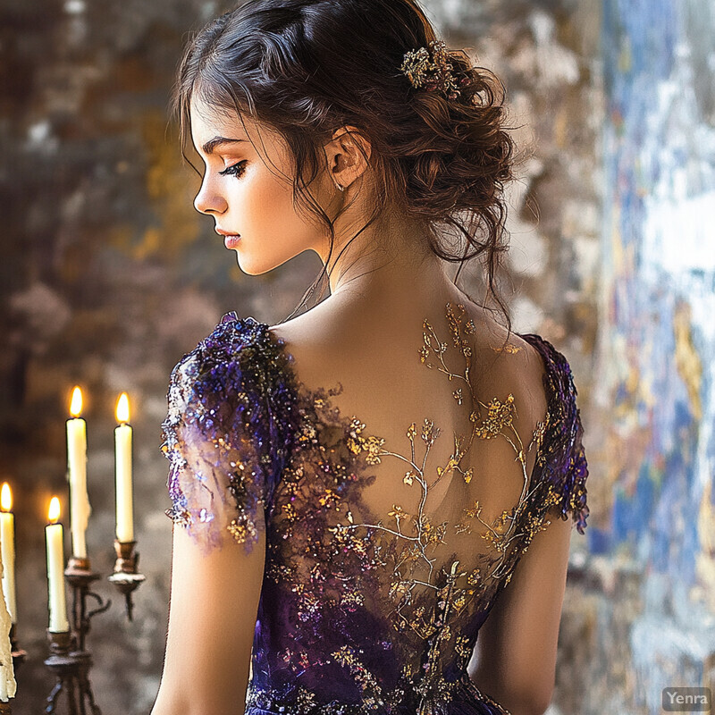 A woman in a purple dress with gold embroidery stands confidently in front of a blurred background, surrounded by a warm and elegant ambiance.