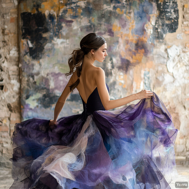 A woman stands against a colorful wall, wearing a stunning purple dress that catches the light.