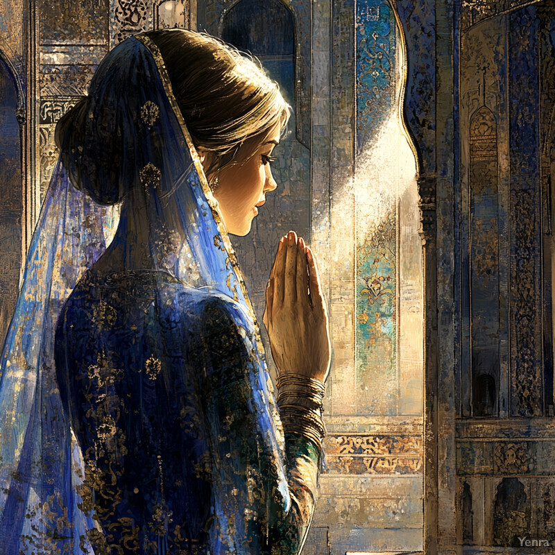 A woman in a blue dress prays or meditates in front of an ornate wall