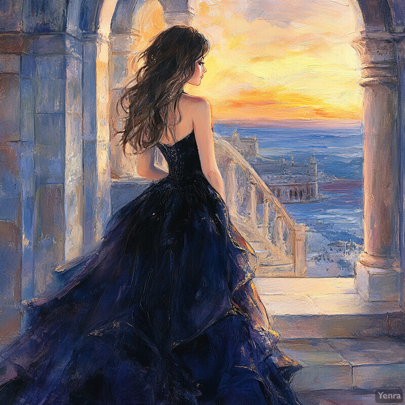 A woman in a dark blue dress stands on a stone staircase, gazing out at a body of water under an orange sky.