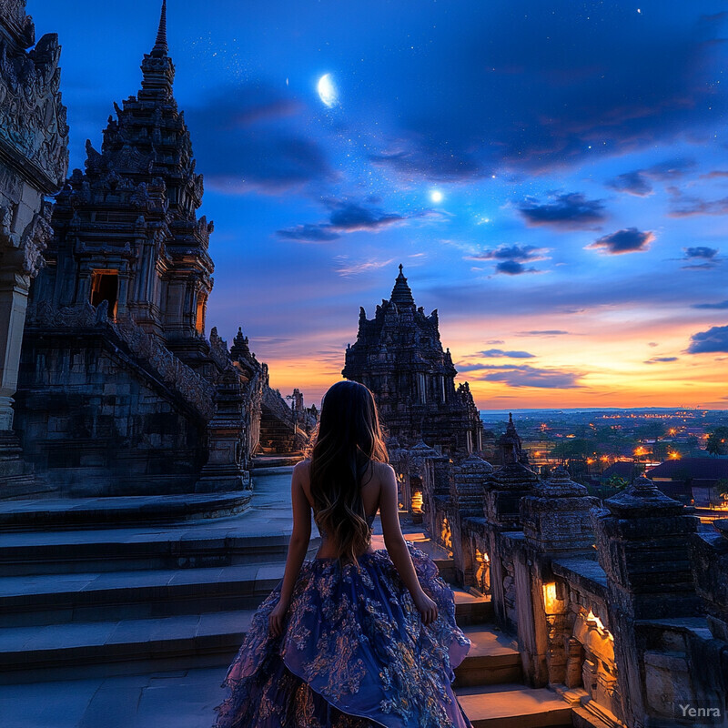 A woman stands on stone steps, gazing up at a majestic temple or palace.