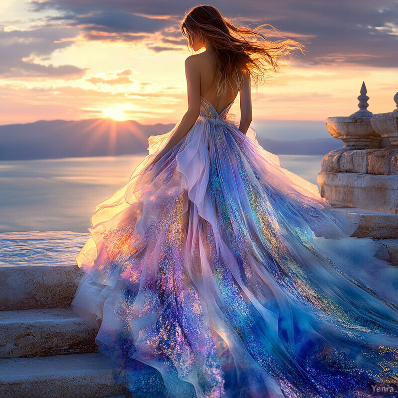 A woman in an iridescent gown stands on stone steps overlooking a sunset over water.