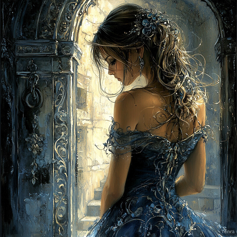 A woman stands in front of an ornate archway, her long brown hair adorned with vines and leaves, wearing a flowing blue dress with intricate floral patterns.