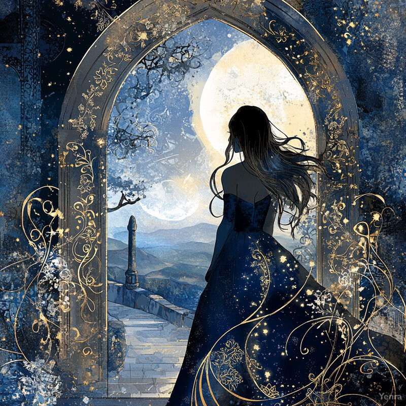 A woman stands in front of an arched doorway under a full moon, gazing out at the distant mountains with a contemplative expression.