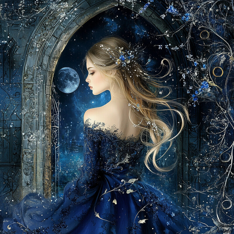 A woman in an ornate blue dress gazes at the moon