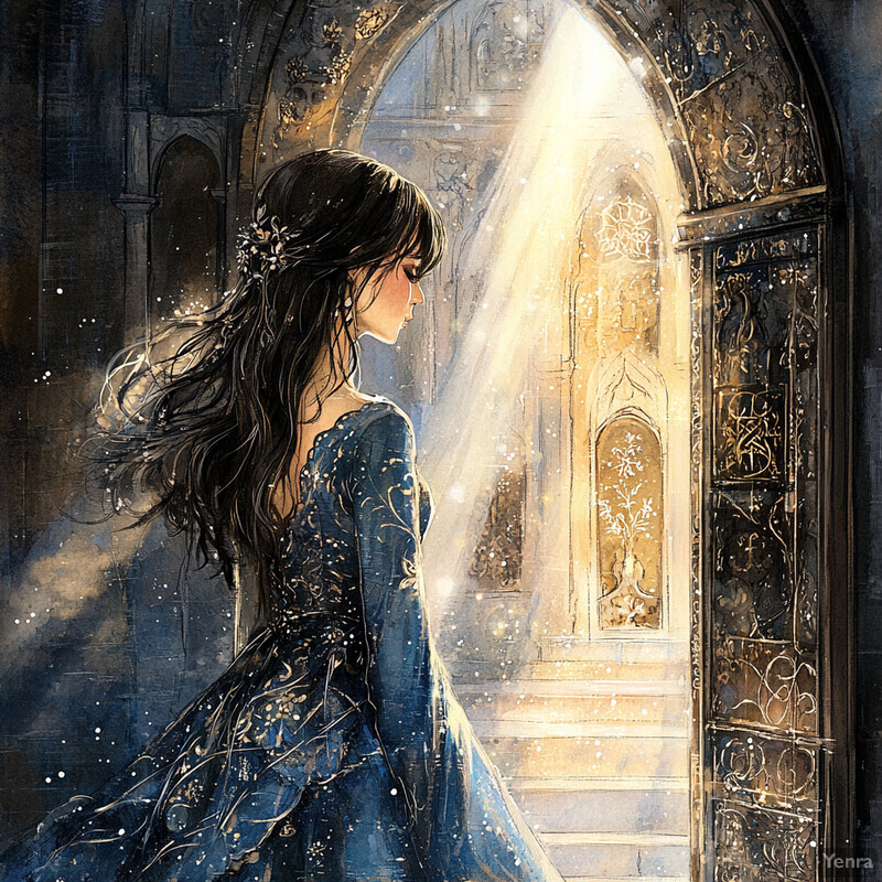 A woman stands in front of an ornate doorway, gazing outside with a serene expression.