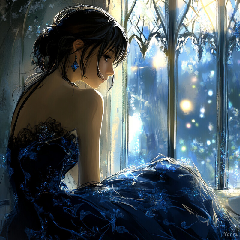 A woman in a blue dress sits by a window, gazing out at a serene landscape.