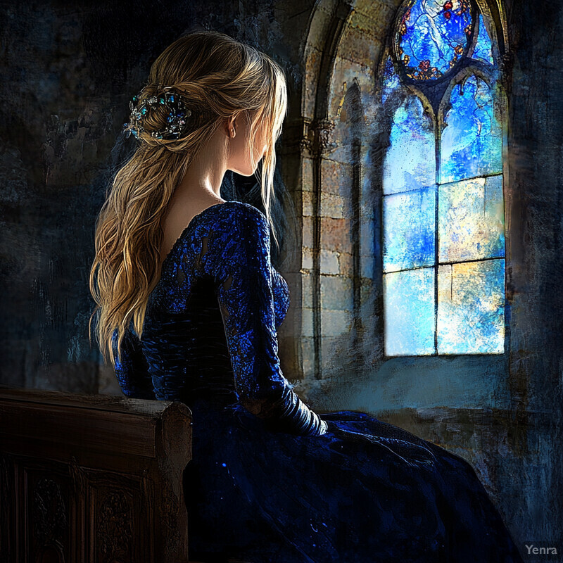 A woman sits in front of a stained glass window, lost in thought.