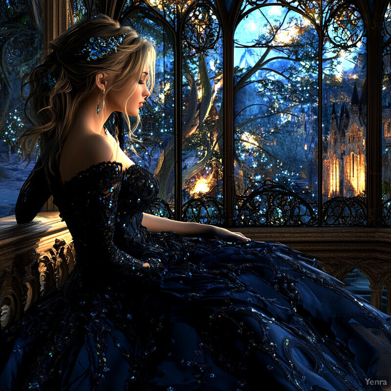 A woman in a dark blue ball gown standing next to a large tree in a forest.