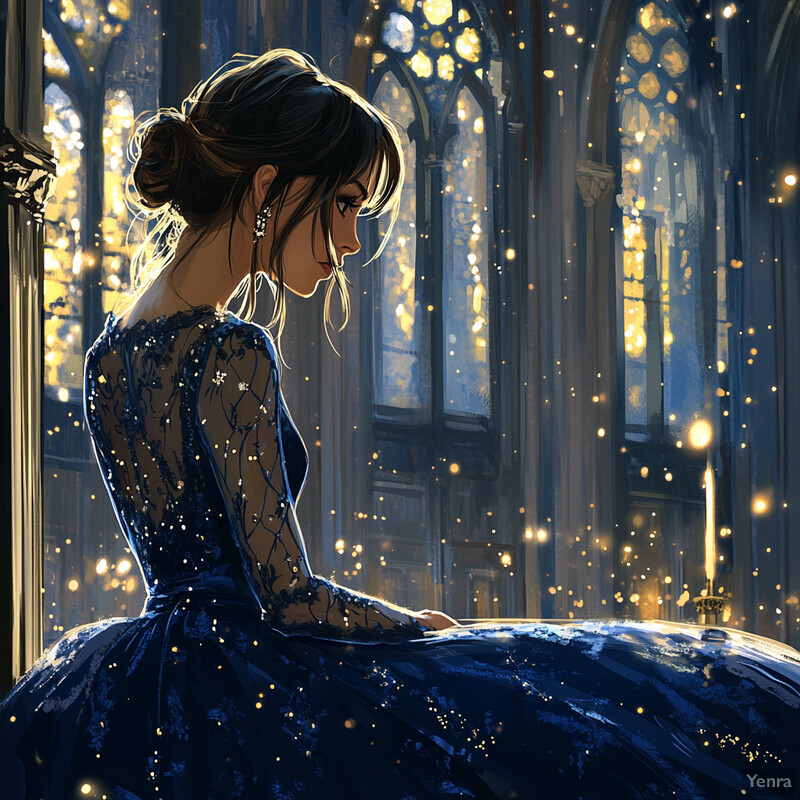 A woman in a blue dress sits on a table or ledge, gazing down at something unseen in a room with high ceilings and ornate details.