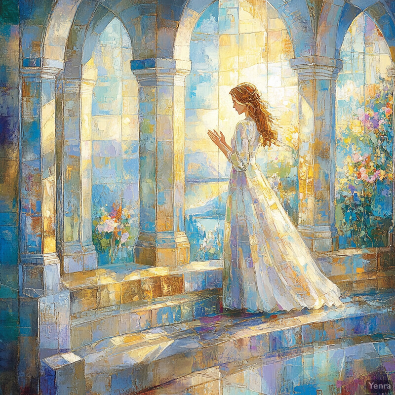 A serene and ethereal scene of a woman standing in front of an arched stone structure, her hands raised in prayer or supplication.