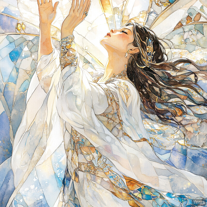 A woman in white robes surrounded by a radiant light, conveying deep devotion and spirituality.