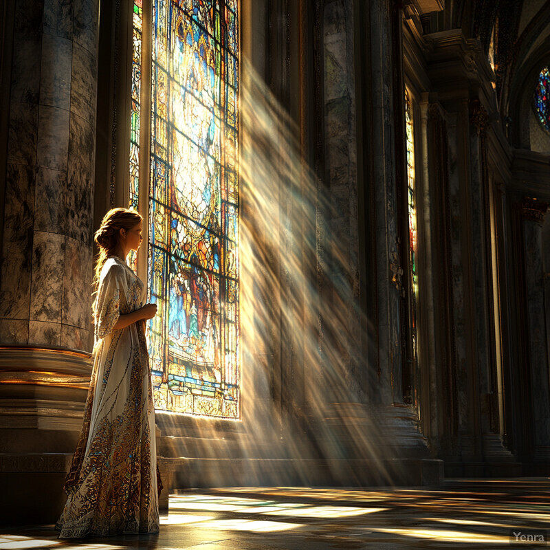 A woman stands in an ornate room with tall marble columns and stained glass windows, dressed in a long white gown with gold embroidery.