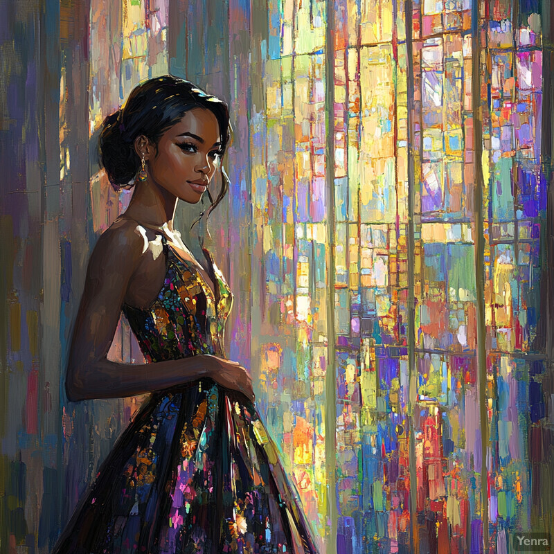 A woman in a colorful dress stands confidently in front of a vibrant stained glass window.