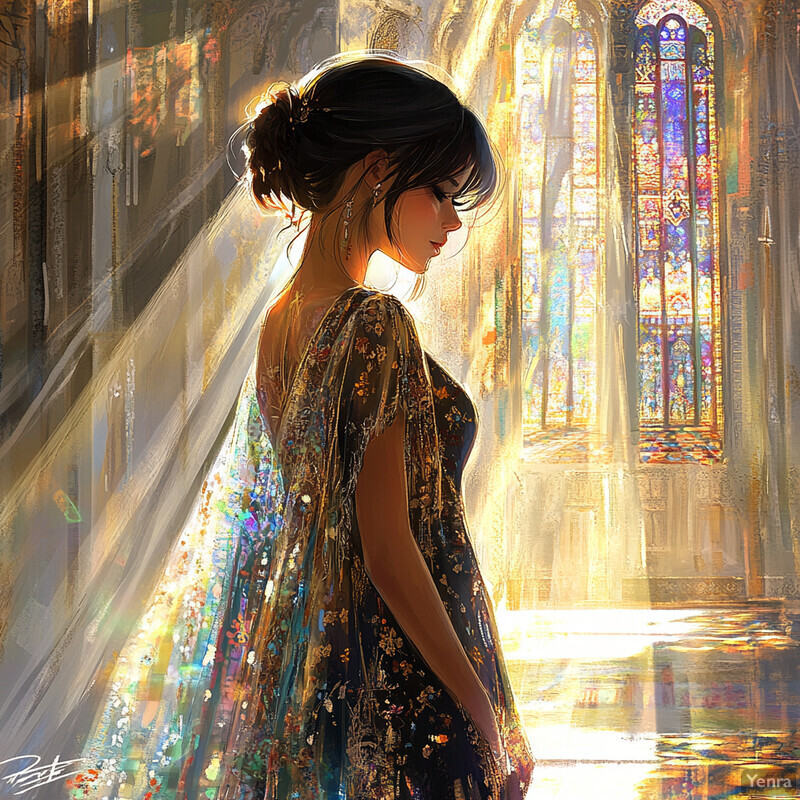 A woman stands in front of a large stained-glass window, exuding sophistication and elegance.