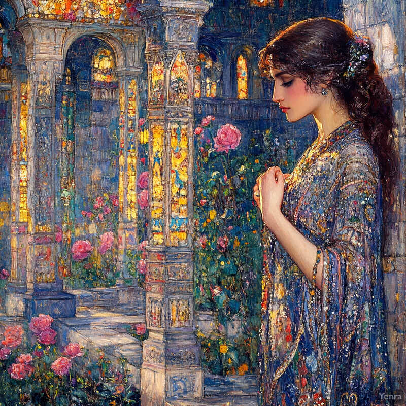 A serene painting of a woman standing in front of an ornate building surrounded by lush greenery and vibrant flowers.