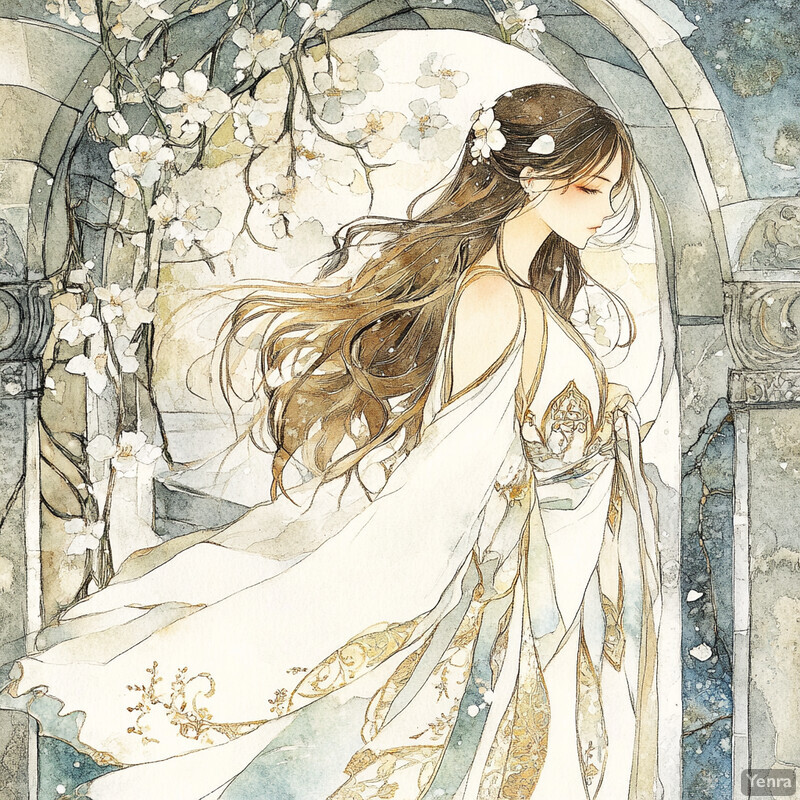 A serene and ethereal scene featuring a woman in a flowing white dress with gold accents standing beneath an archway amidst blossoming trees.