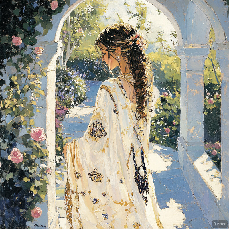 A serene and idyllic scene of a woman standing in an arched doorway, surrounded by lush greenery and vibrant flowers.