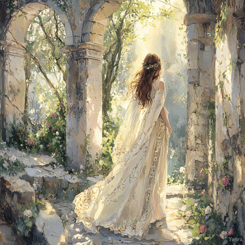 A serene scene of a woman in a white dress standing amidst a lush garden, surrounded by vibrant flowers and towering trees.