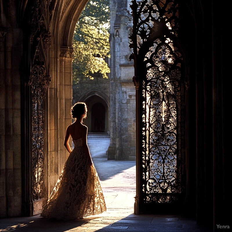 A woman in a richly detailed dress stands within a Gothic-style archway, gazing out into a courtyard surrounded by ornate buildings and lush greenery.