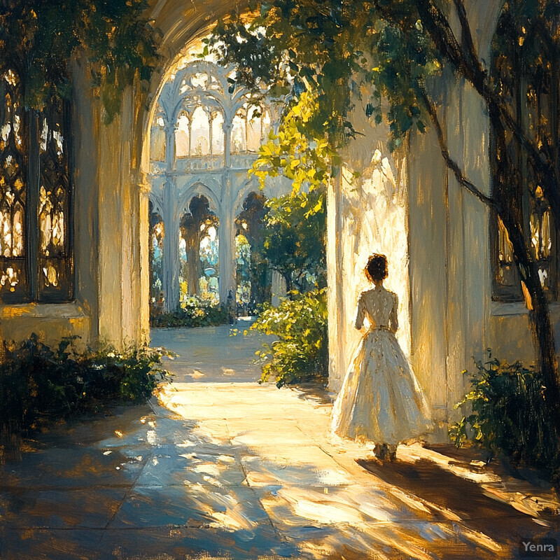 A woman walks towards an ornate white building with arched windows and columns in a peaceful setting.