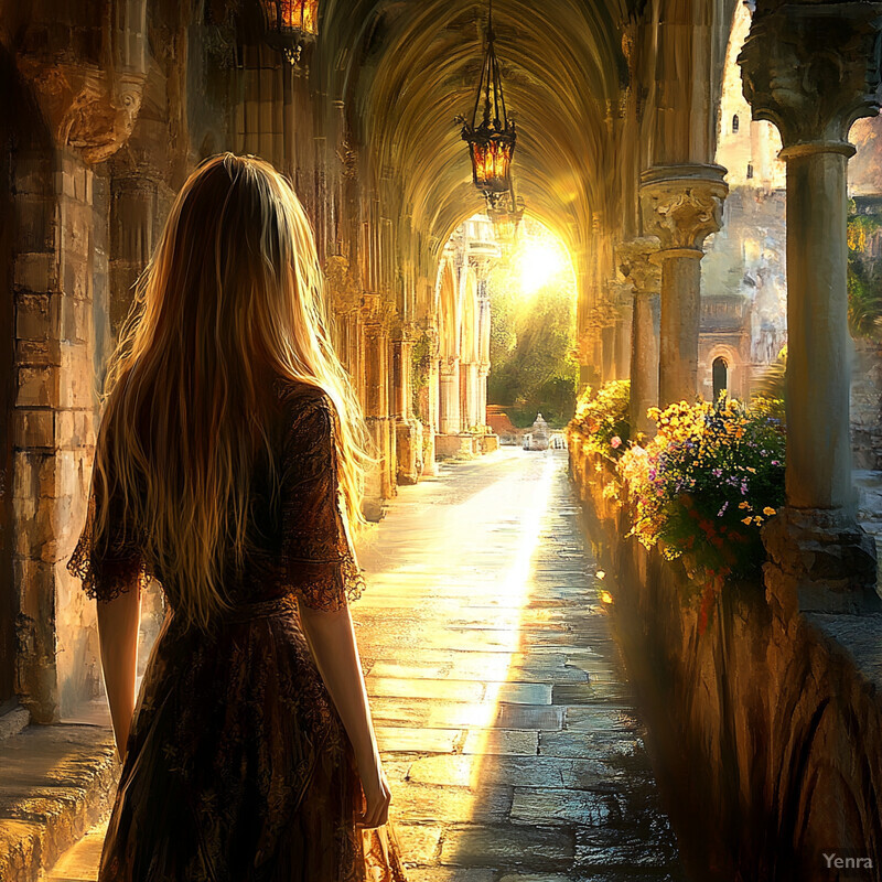 A woman walks down a stone archway towards the light at the end.