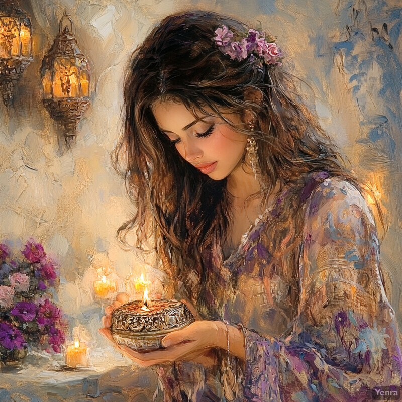 A woman holds a lit candle in her hands, surrounded by soft lighting and natural elements.