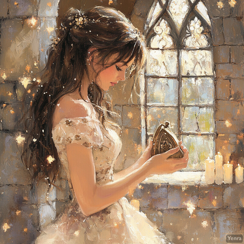 A young woman with long brown hair and white dress holds an ornate object in front of a window, evoking a sense of quiet contemplation and introspection.