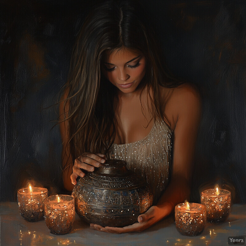 A woman sits at a table surrounded by candles and holds an urn with intricate engravings.