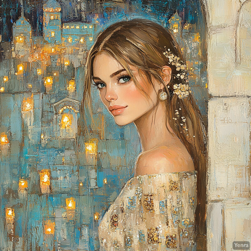 A serene portrait of a young woman with long brown hair and an off-the-shoulder dress, set against a backdrop of soft blues and golds.