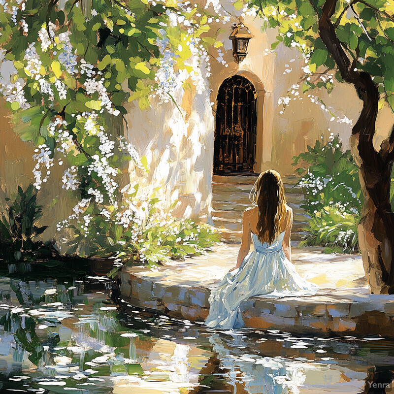 A serene painting of a woman sitting on stone steps leading to an arched doorway, surrounded by lush greenery and vibrant flowers.