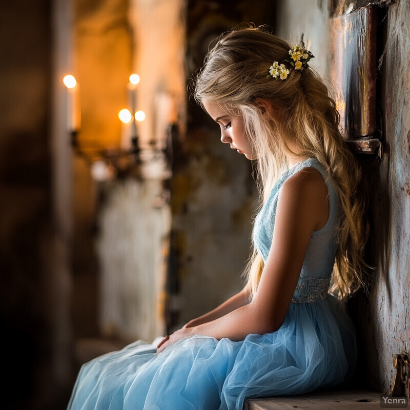 A young girl in a blue dress sits on an old wooden bench or doorframe, gazing downward.