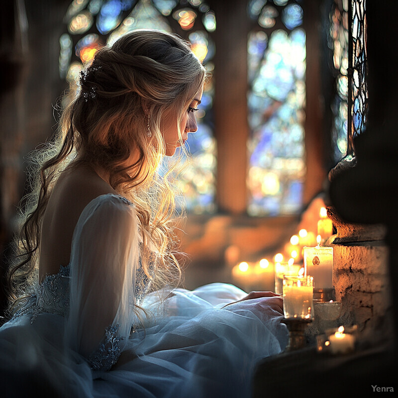 Woman in wedding dress sitting in church surrounded by candles