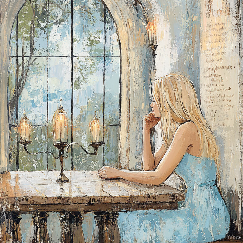 A woman sits at a table in front of an arched window, surrounded by elegant objects and lush greenery outside.