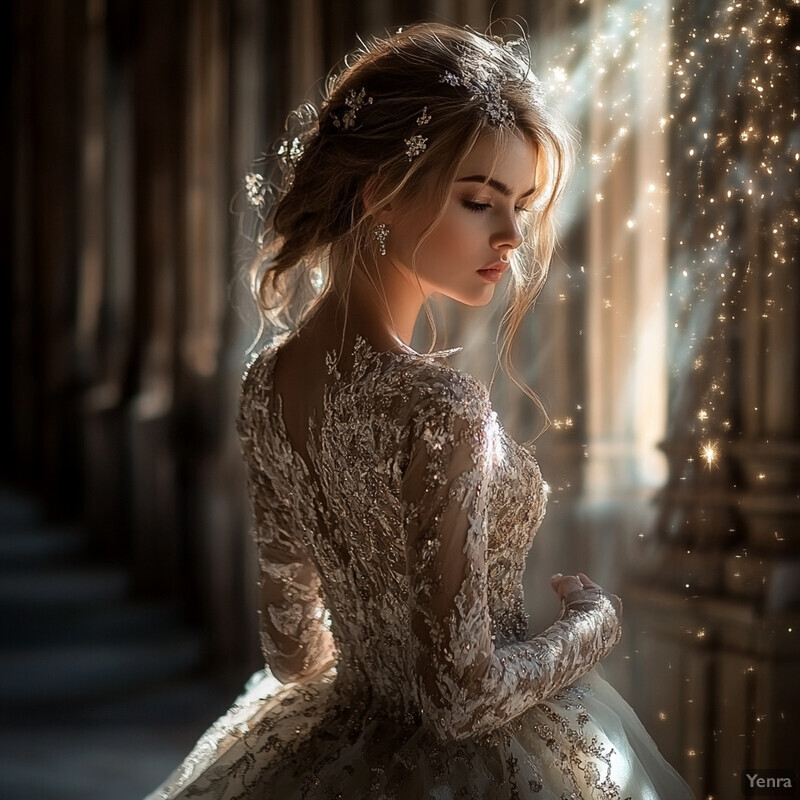 A woman in a stunning wedding dress stands in a grand room, exuding elegance and poise.