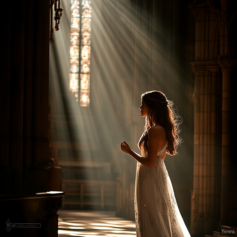 A woman in a white dress stands in front of a stained glass window, bathed in sunlight