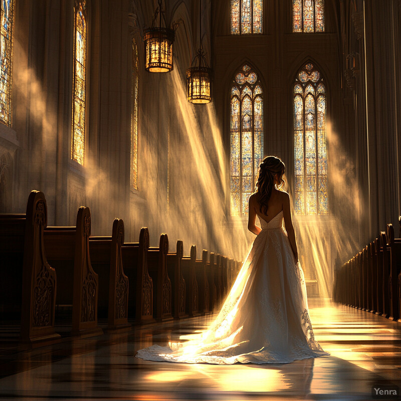 A woman in a wedding dress stands in a church with tall stained-glass windows