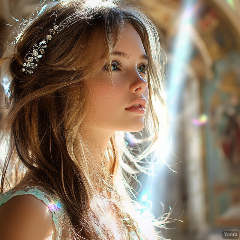 Serene young woman in light green dress gazing to her right