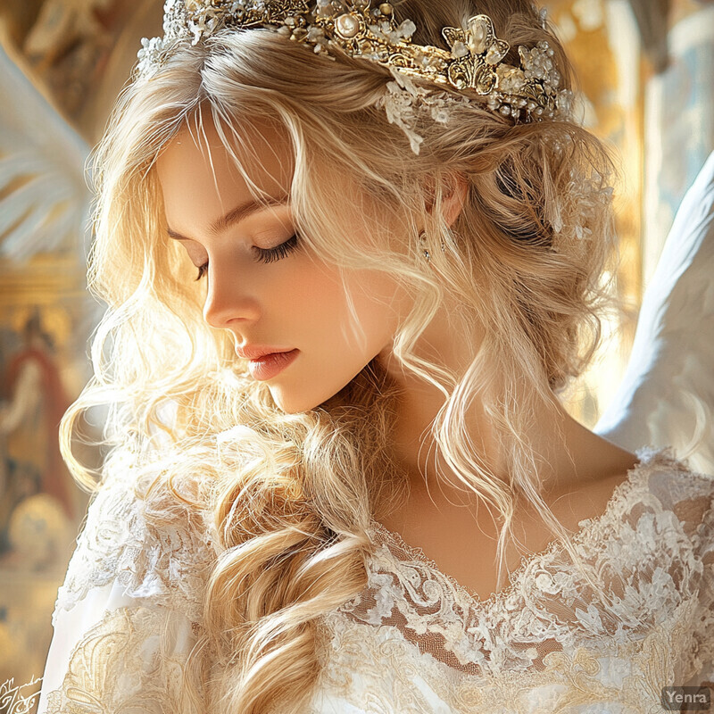 A woman with long blonde hair and a white lace dress, adorned with a gold crown and white wings, gazing downward in a blurred ornate setting.