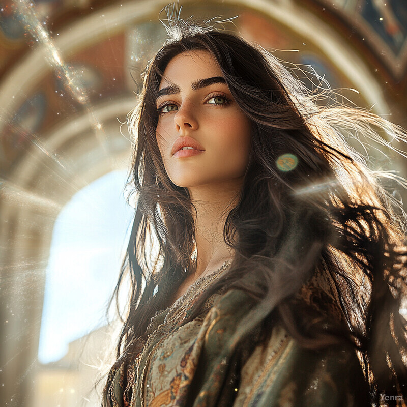 A woman with long dark hair and brown eyes wears an intricately patterned dress or robe in front of a blurred room with ornate decorations.