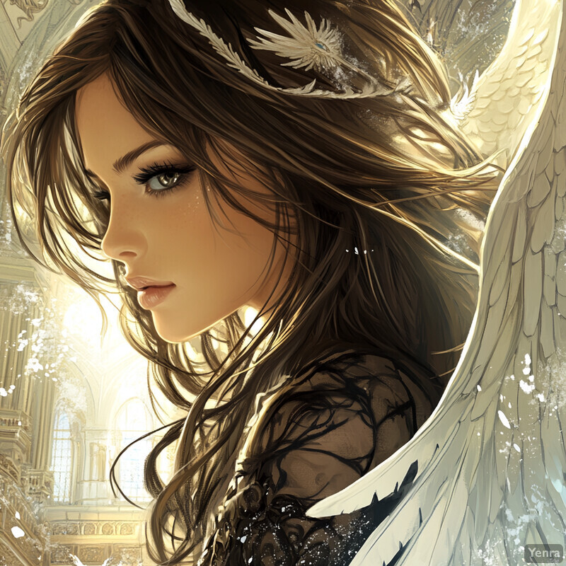 A serene woman with wings and long hair, possibly an angel or mythical creature.