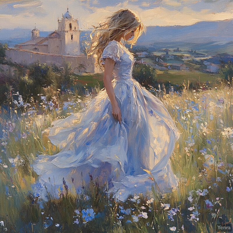 Serene woman standing in a field of wildflowers with a church or cathedral in the background